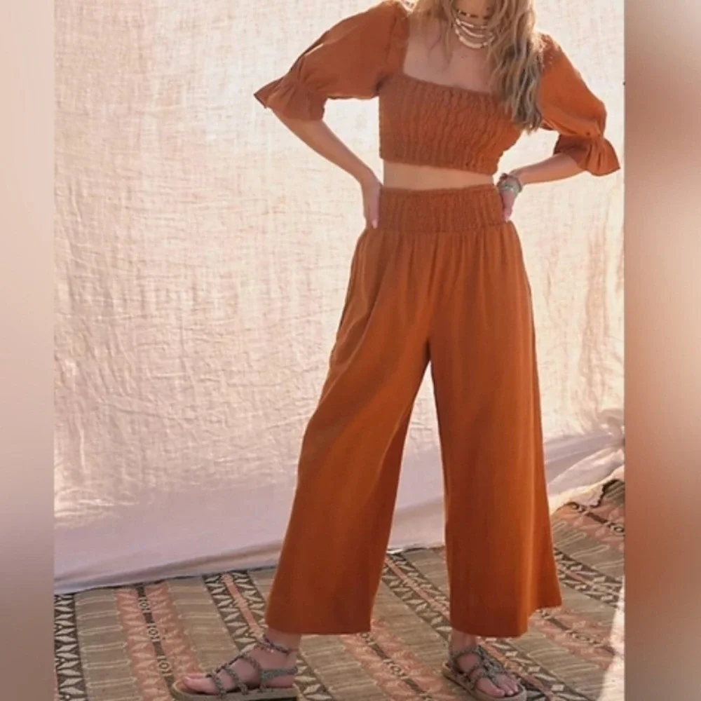 Free People est At Ease Boho Earthy Coastal Simple Brown Smocked Set Medium Eco